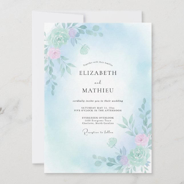 Convites Casamento Flor de Azul Celeste Sereno (Frente)