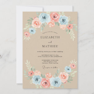 Convites Casamento Flor de Azul Claro e Pêssego Pintado