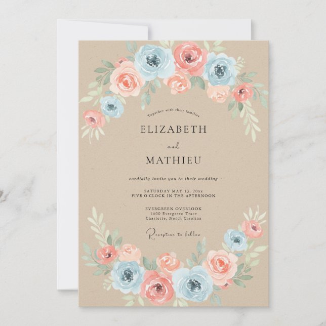 Convites Casamento Flor de Azul Claro e Pêssego Pintado (Frente)