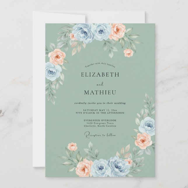 Convites Casamento Flor de Azul Desbotado Pastel (Frente)