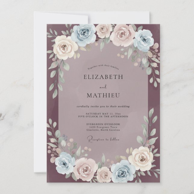 Convites Casamento Flor de Azul Desbotado Pastel (Frente)