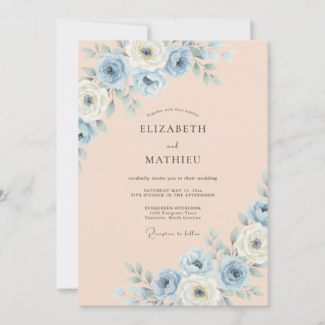Convites Casamento Flor de Azul Desbotado Pintado (Frente)