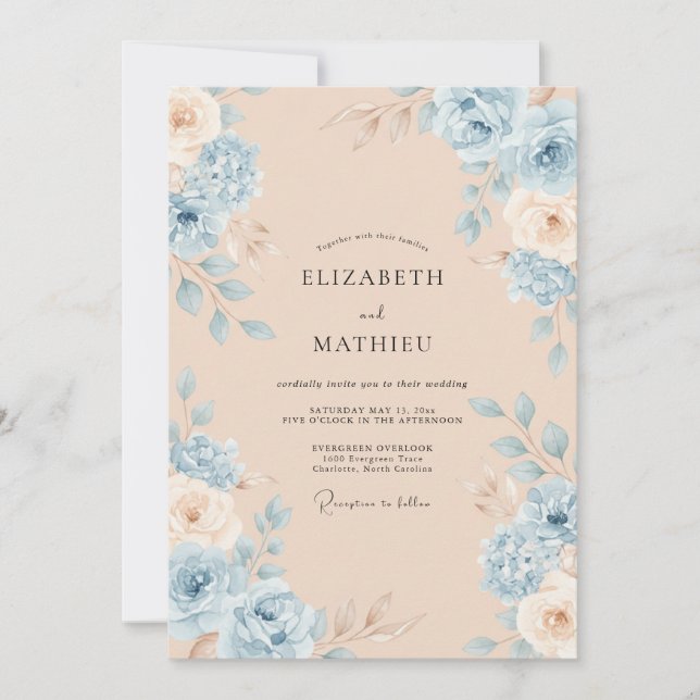 Convites Casamento Flor de Azul Empoeirado (Frente)