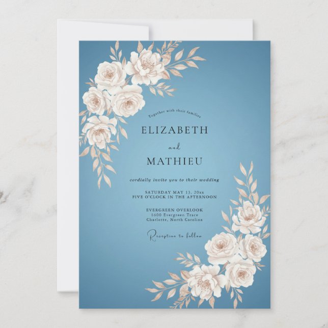 Convites Casamento Flor de Azul Empoeirado (Frente)