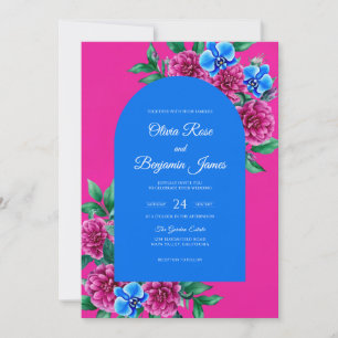 Convites Casamento Flor de Azul Magenta Delicada