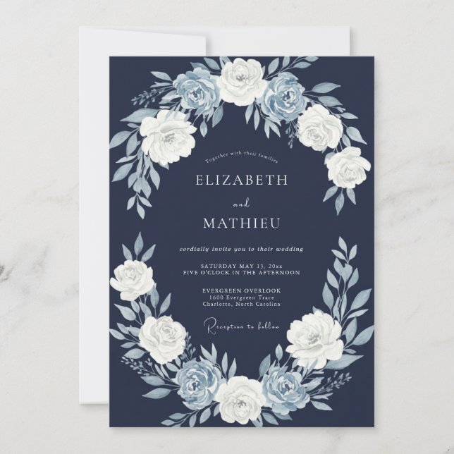 Convites Casamento Flor de Azul Marinho (Frente)