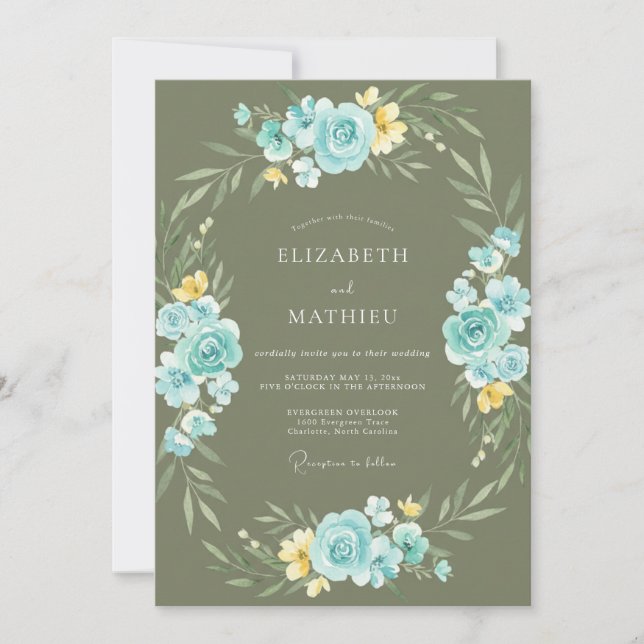Convites Casamento Flor de Azur Oliva (Frente)