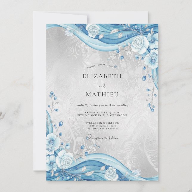 Convites Casamento Flor de Azure Prata (Frente)