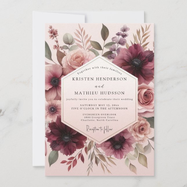 Convites Casamento Flor de Bege Borgonha (Frente)