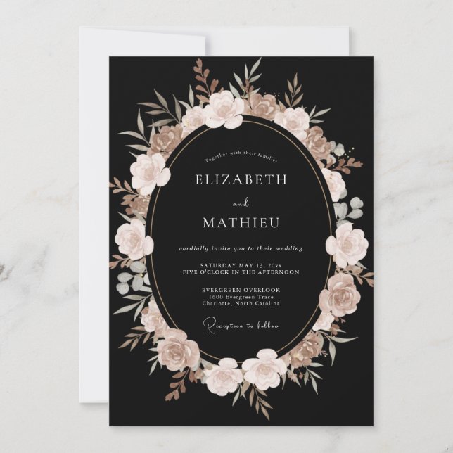 Convites Casamento Flor de Bege Preto (Frente)