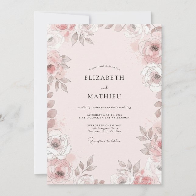 Convites Casamento Flor de Bege Rosado (Frente)