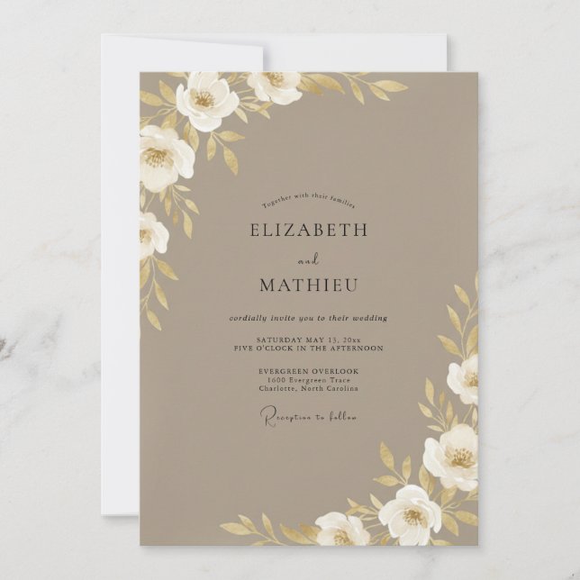 Convites Casamento Flor de Bege Taupe (Frente)