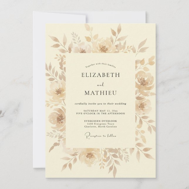 Convites Casamento Flor de Beige Pintado à Mão (Frente)