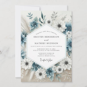 Convites Casamento Flor de Bloom Azul Empoeirado