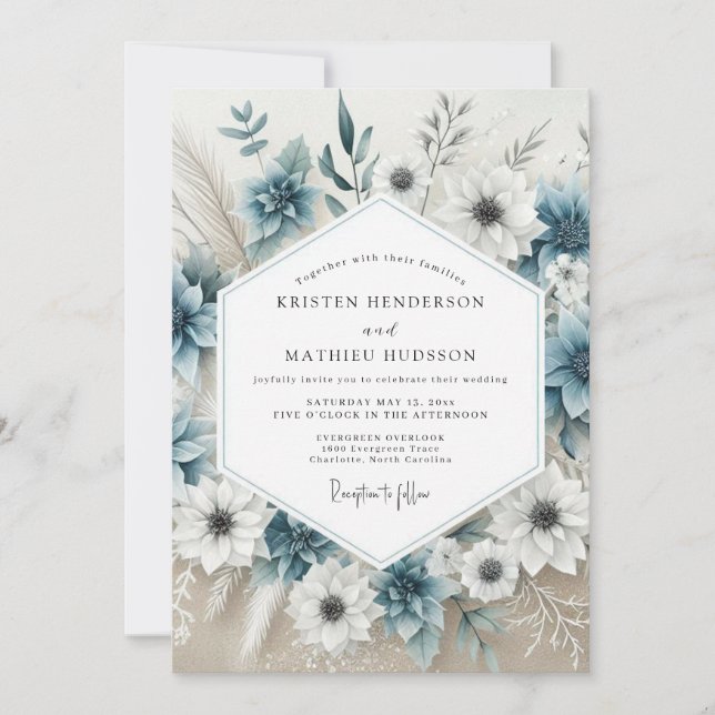 Convites Casamento Flor de Bloom Azul Empoeirado (Frente)