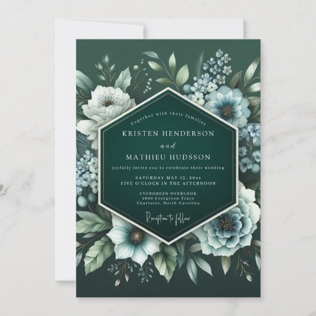 Convites Casamento Flor de Bloom Esmeralda à Meia-Noite (Frente)