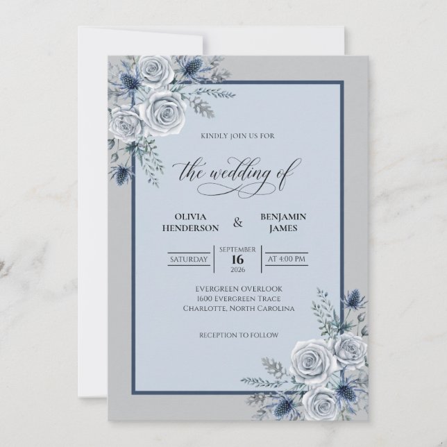 Convites Casamento Flor de Bloom Gelo Azul (Frente)
