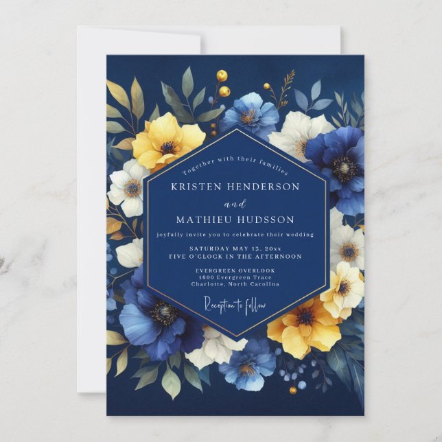 Convites Casamento Flor de Bloom Luminoso Índigo (Frente)