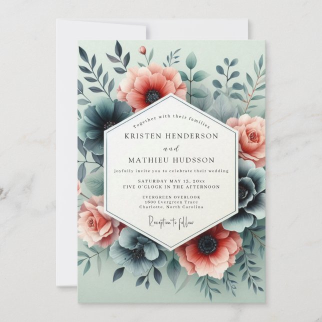 Convites Casamento Flor de Bloom Somber Teal Peach (Frente)