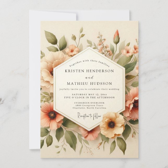 Convites Casamento Flor de Bloom Vintage Pêssego (Frente)