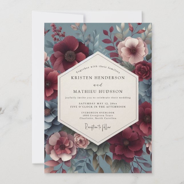Convites Casamento Flor de Bloom Vitoriano Borgonha (Frente)