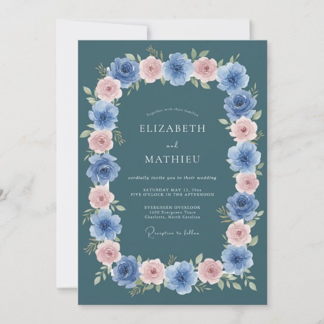 Convites Casamento Flor de Blossom Azul Ardesia (Frente)