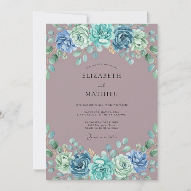 Convites Casamento Flor de Blossom Azul Empoeirado (Frente)