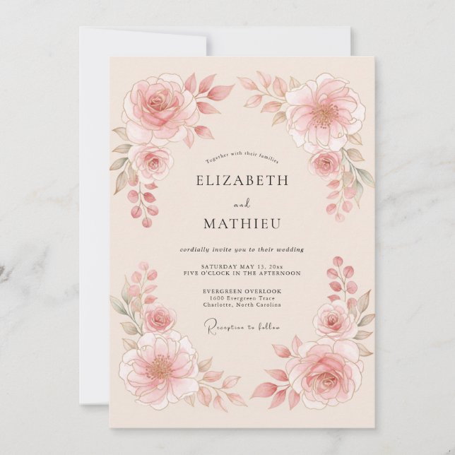 Convites Casamento Flor de Blush Rosa Etéreo (Frente)