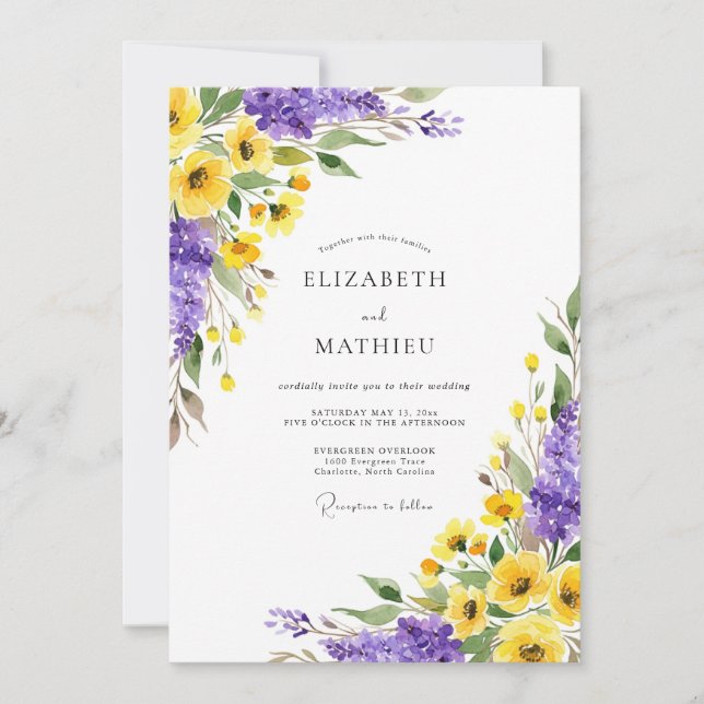 Convites Casamento Flor de Botânica Amarela Roxa (Frente)
