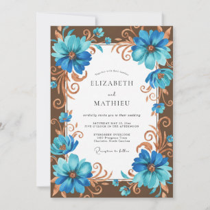 Convites Casamento Flor de Bronze Ciano