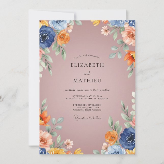 Convites Casamento Flor de Campo Azul Marinho (Frente)