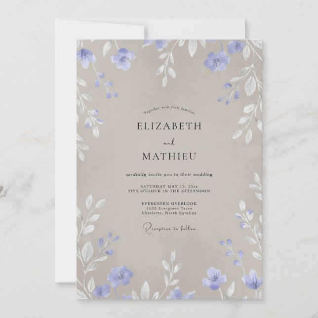 Convites Casamento Flor de Campo Bege Azul-marinho (Frente)
