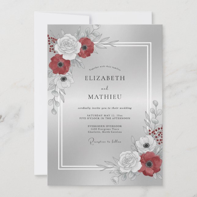 Convites Casamento Flor de Carmim Prateada (Frente)
