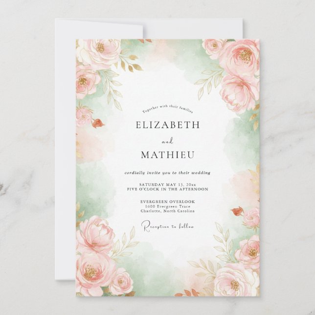 Convites Casamento Flor de Celadon Rosado (Frente)