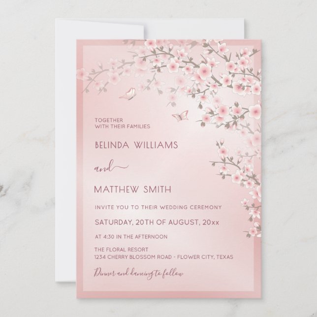 Convites Casamento Flor de Cerejeira Rosa Rubor (Frente)