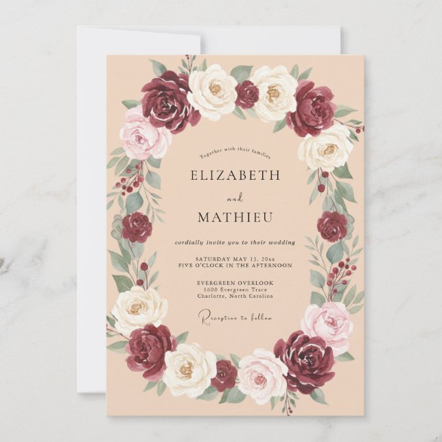 Convites Casamento Flor de Champagne Borgonha (Frente)