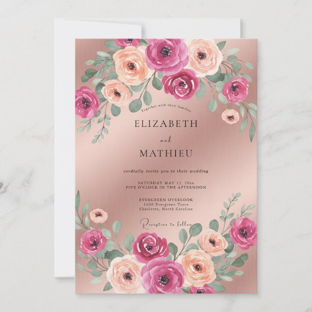 Convites Casamento Flor de Champagne Magenta (Frente)