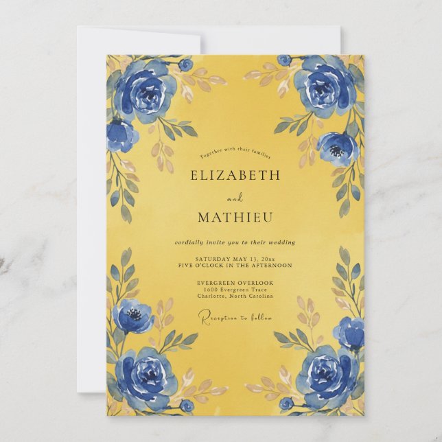 Convites Casamento Flor de Cobalto Dourado (Frente)