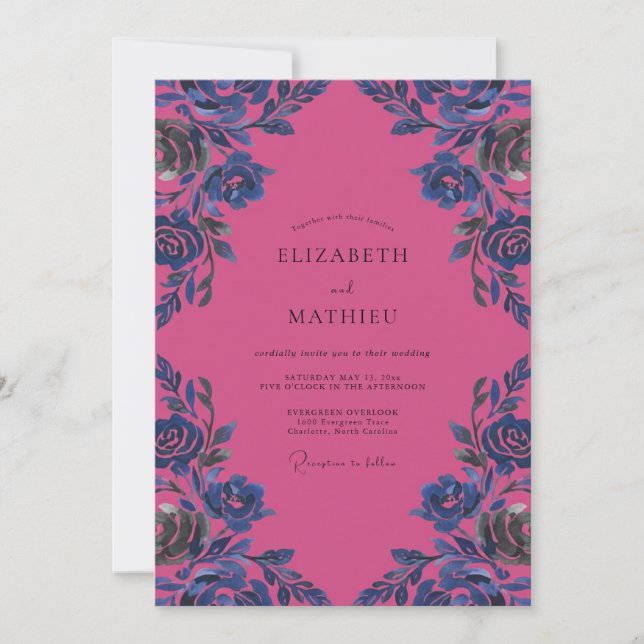 Convites Casamento Flor de Cobalto Magenta (Frente)