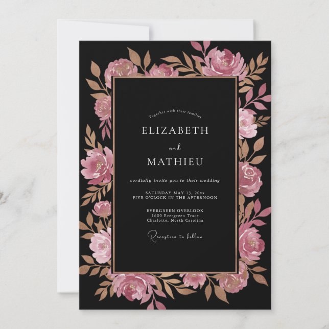 Convites Casamento Flor de Cobre Preto (Frente)