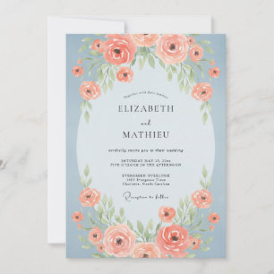 Convites Casamento Flor de Coral Aço Azul