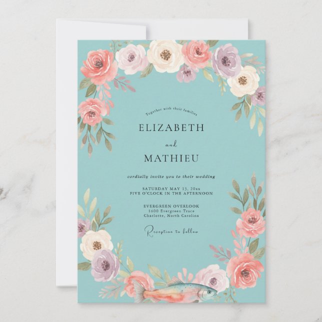 Convites Casamento Flor de Coral Aqua (Frente)