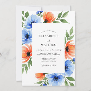 Convites Casamento Flor de Coral Azul Pintado à Mão