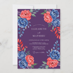 Convites Casamento Flor de Coral Cobalto Roxo Fundo