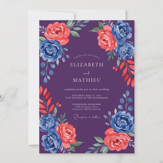 Convites Casamento Flor de Coral Cobalto Roxo Fundo (Frente)