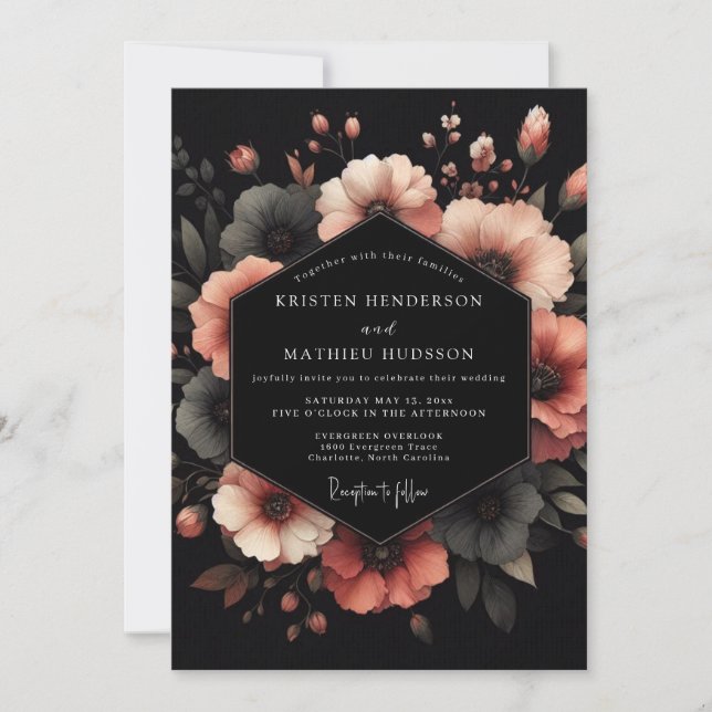 Convites Casamento Flor de Coral de Carvão (Frente)