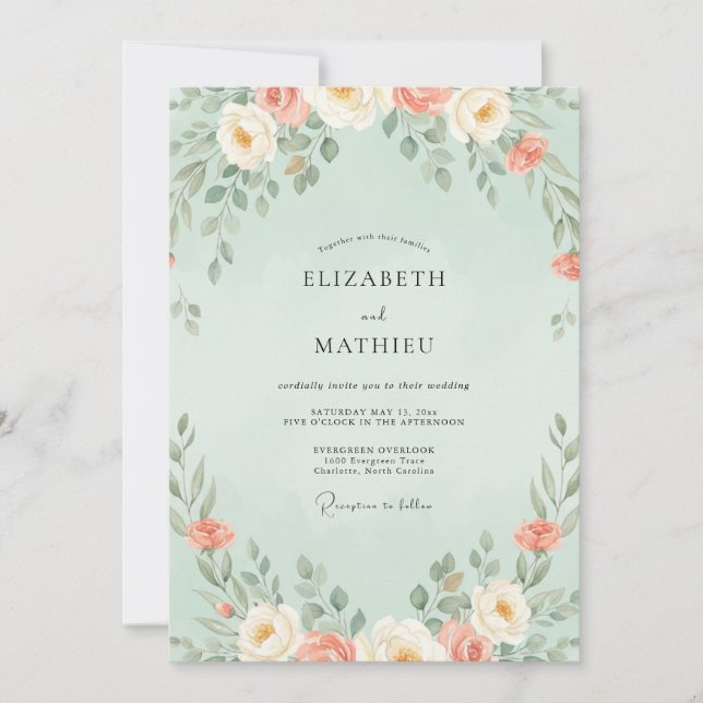Convites Casamento Flor de Coral Menta (Frente)