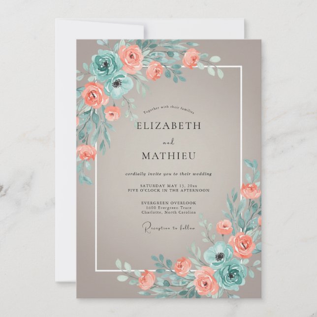 Convites Casamento Flor de Coral Romântico Turquesa (Frente)