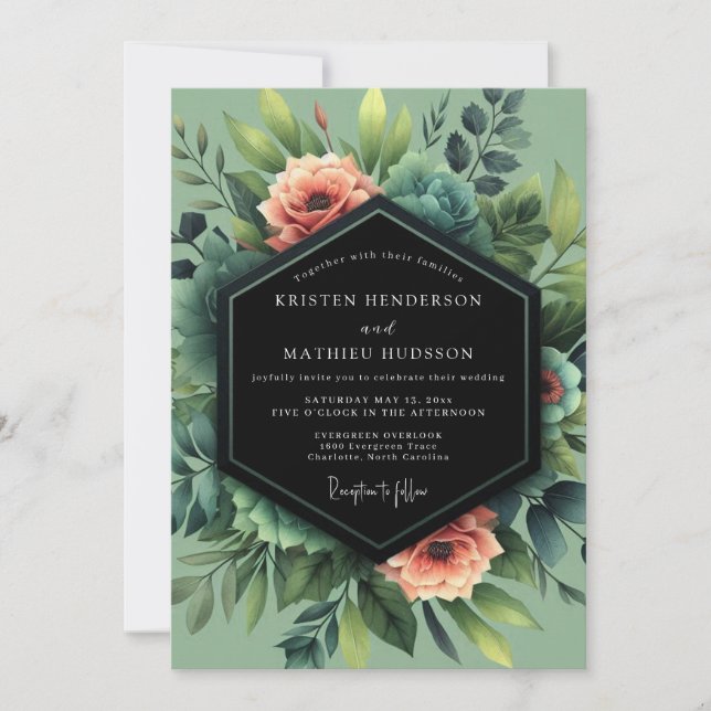 Convites Casamento Flor de Coral Salvia Verde (Frente)