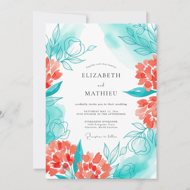 Convites Casamento Flor de Coral Turquesa (Frente)